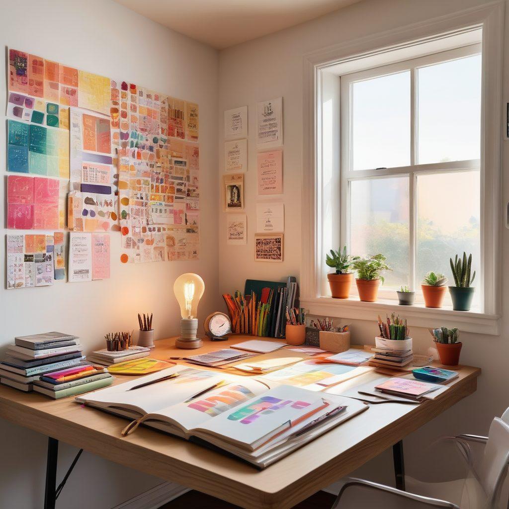 An inspiring workspace filled with vibrant design tools and sketches of unique logos, featuring a central lightbulb symbolizing creativity. Include color swatches, typography samples, and an open sketchbook with a rough logo draft. Background should be a bright, sunlit room with motivational quotes on the walls. super-realistic. vibrant colors. white background.